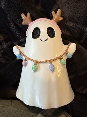 Cute Ceramic Ghost Figurine with Reindeer Antlers and Pastel Lights